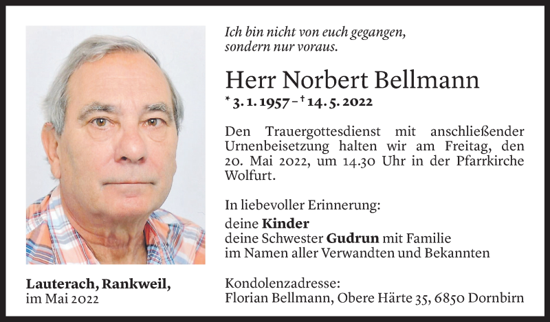  Todesanzeige für Norbert Bellmann vom 17.05.2022 aus Vorarlberger Nachrichten