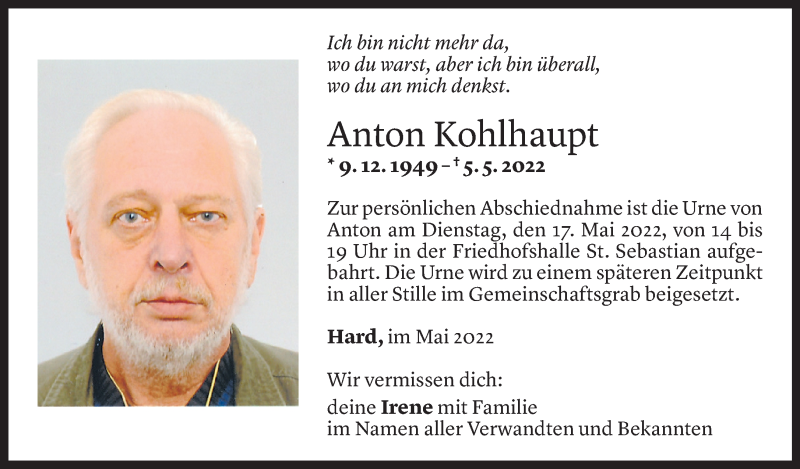  Todesanzeige für Anton Kohlhaupt vom 14.05.2022 aus Vorarlberger Nachrichten
