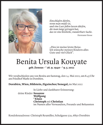 Todesanzeige von Benita Ursula Kouyate von Vorarlberger Nachrichten