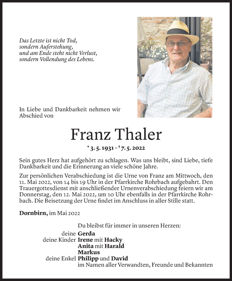  Todesanzeige für Franz Thaler vom 10.05.2022 aus Vorarlberger Nachrichten
