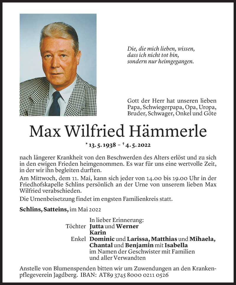  Todesanzeige für Max Wilfried Hämmerle vom 07.05.2022 aus Vorarlberger Nachrichten