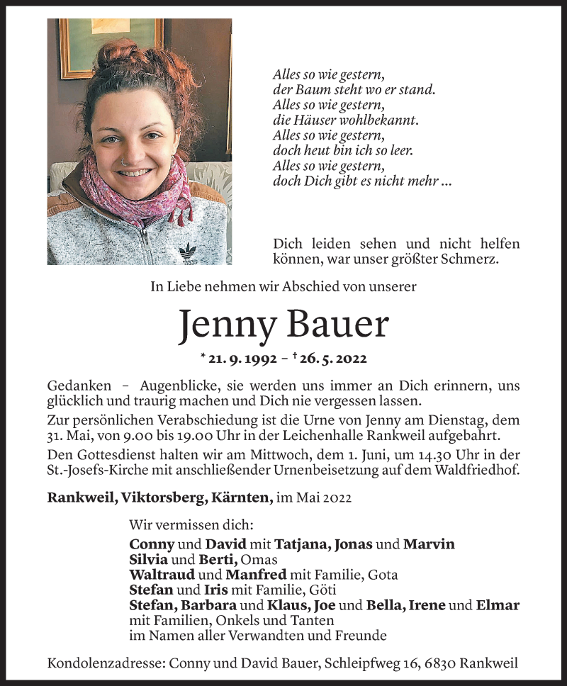  Todesanzeige für Jenny Bauer vom 30.05.2022 aus Vorarlberger Nachrichten