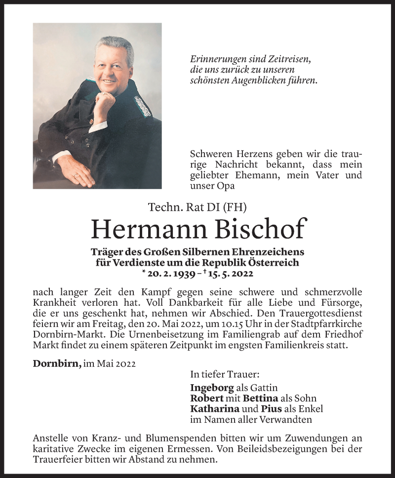  Todesanzeige für Hermann Bischof vom 17.05.2022 aus Vorarlberger Nachrichten