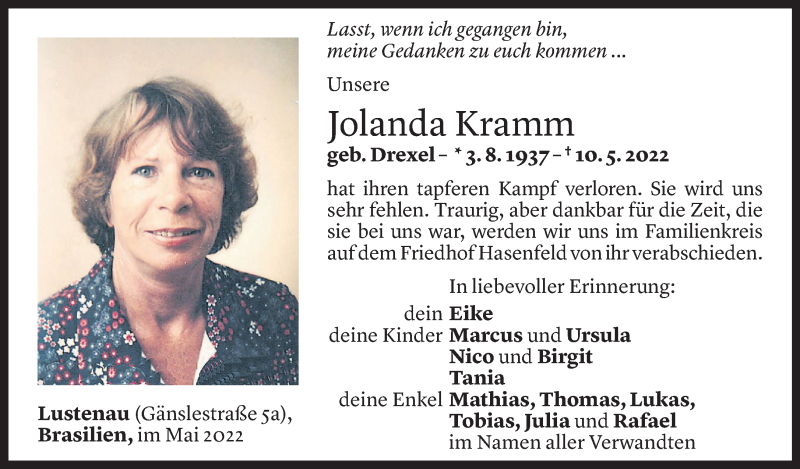  Todesanzeige für Jolanda Kramm vom 13.05.2022 aus Vorarlberger Nachrichten