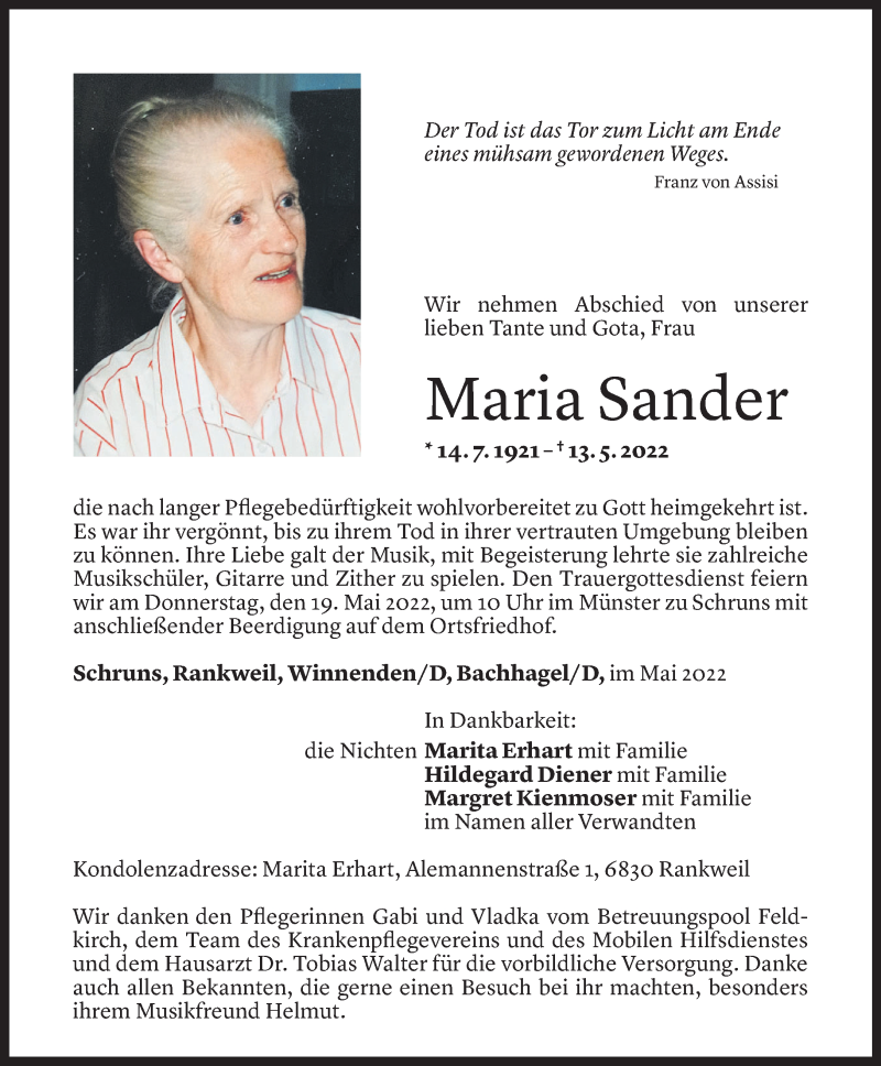  Todesanzeige für Maria Sander vom 16.05.2022 aus Vorarlberger Nachrichten