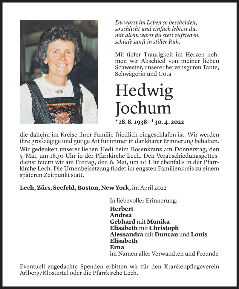  Todesanzeige für Hedwig Jochum vom 04.05.2022 aus Vorarlberger Nachrichten
