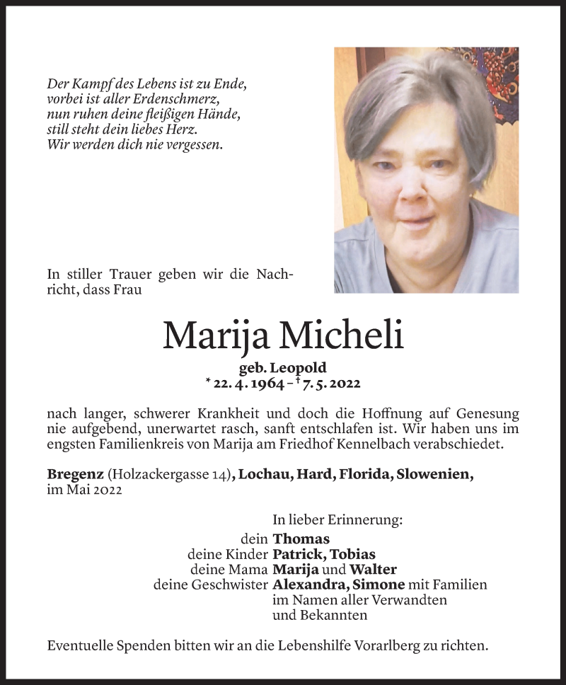  Todesanzeige für Marija Micheli vom 16.05.2022 aus Vorarlberger Nachrichten