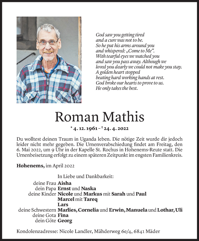  Todesanzeige für Roman Mathis vom 03.05.2022 aus Vorarlberger Nachrichten