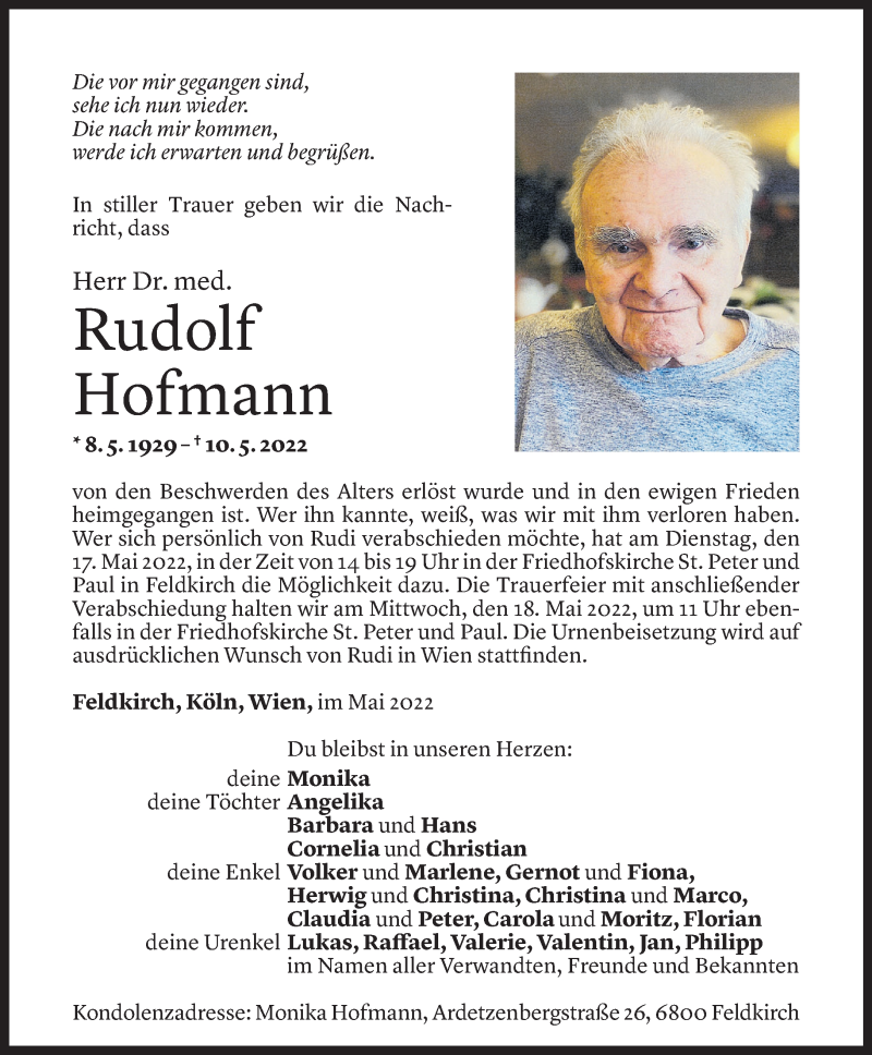  Todesanzeige für Rudolf Hofmann vom 12.05.2022 aus Vorarlberger Nachrichten
