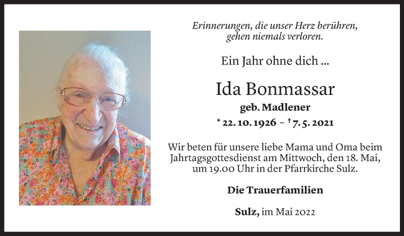  Todesanzeige für Ida Bonmassar vom 16.05.2022 aus Vorarlberger Nachrichten