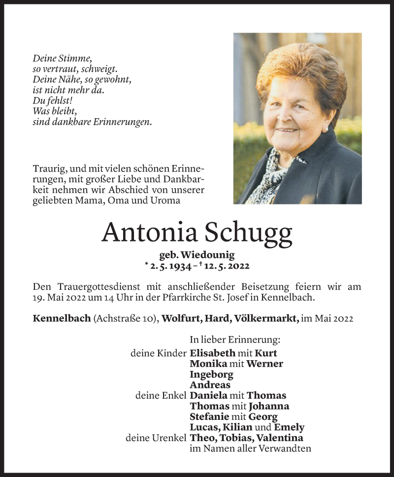  Todesanzeige für Antonia Schugg vom 16.05.2022 aus Vorarlberger Nachrichten