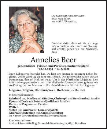 Todesanzeige von Annelies Beer von Vorarlberger Nachrichten