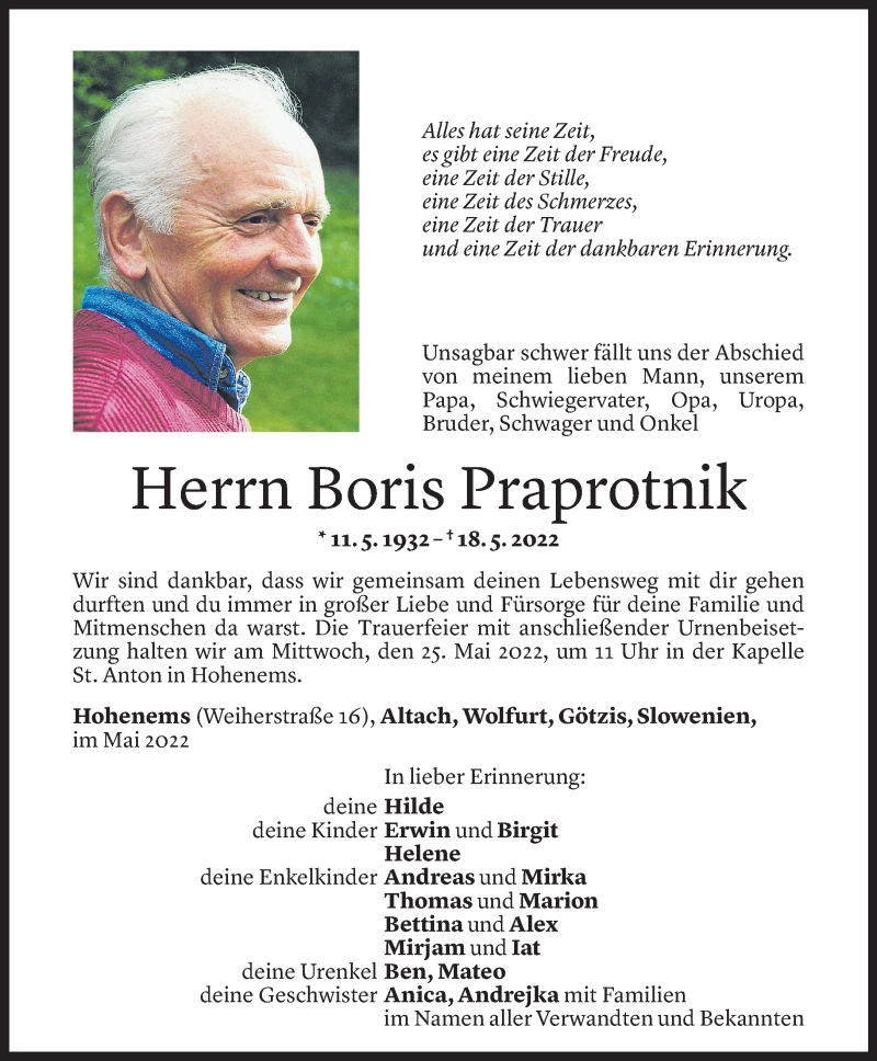  Todesanzeige für Boris Praprotnik vom 22.05.2022 aus Vorarlberger Nachrichten