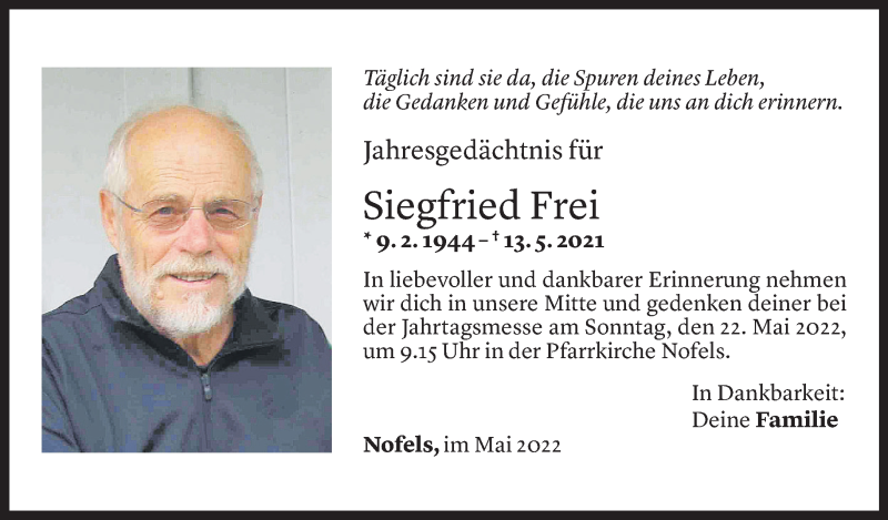  Todesanzeige für Siegfried Frei vom 18.05.2022 aus Vorarlberger Nachrichten