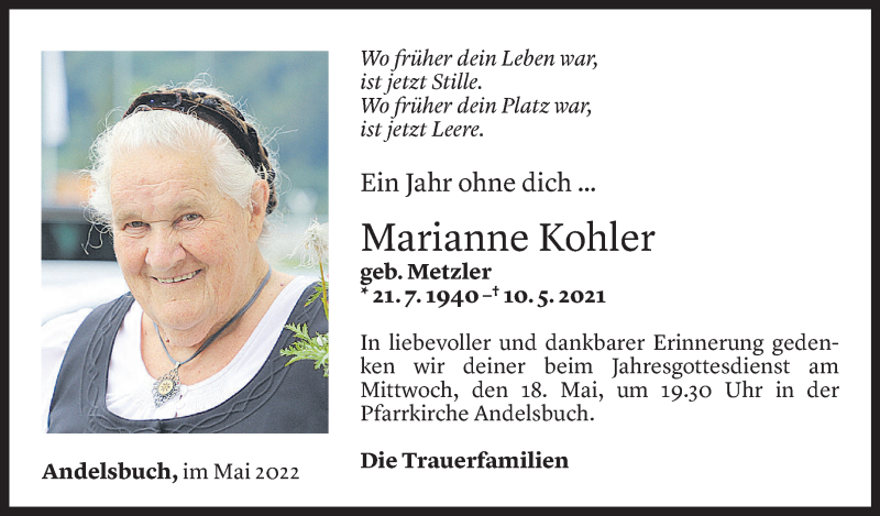  Todesanzeige für Marianne Kohler vom 10.05.2022 aus Vorarlberger Nachrichten
