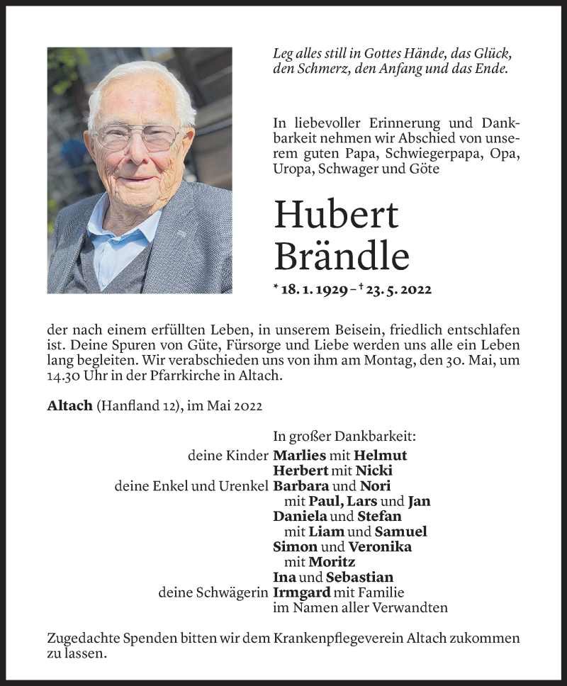 Todesanzeige für Hubert Brändle vom 24.05.2022 aus Vorarlberger Nachrichten