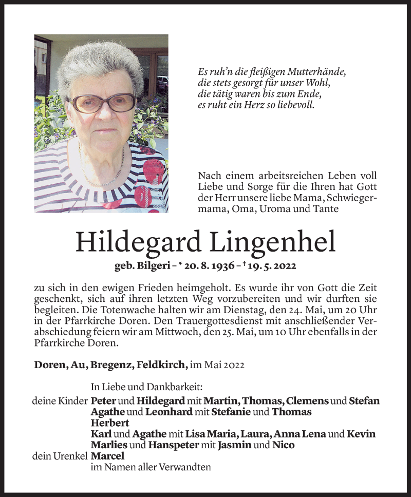  Todesanzeige für Hildegard Lingenhel vom 22.05.2022 aus Vorarlberger Nachrichten