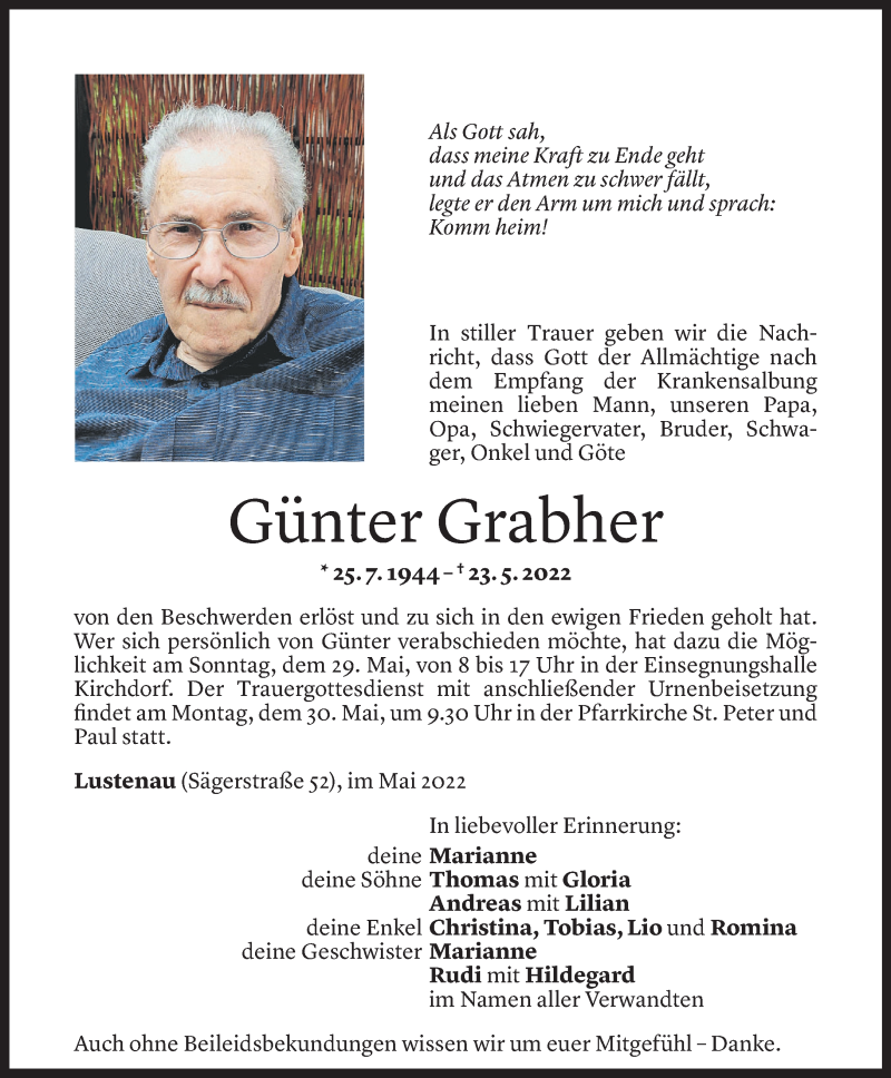  Todesanzeige für Günter Grabher vom 25.05.2022 aus Vorarlberger Nachrichten