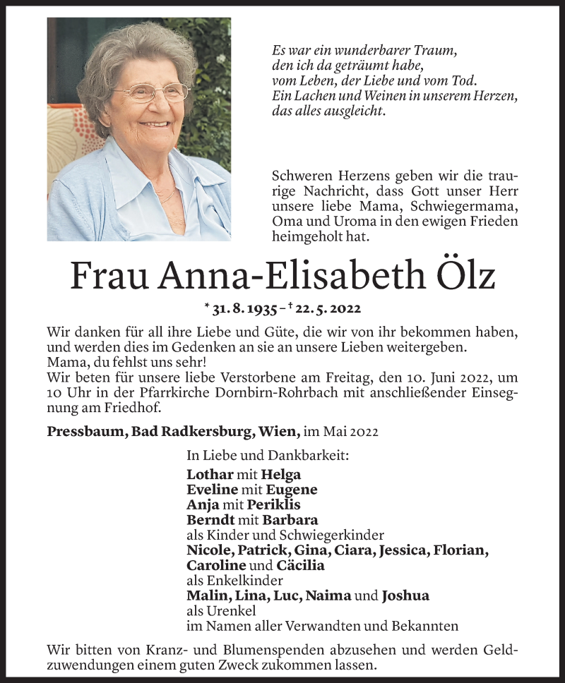  Todesanzeige für Anna-Elisabeth Ölz vom 01.06.2022 aus Vorarlberger Nachrichten