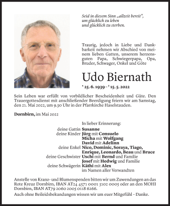 Todesanzeige von Udo Biernath von Vorarlberger Nachrichten