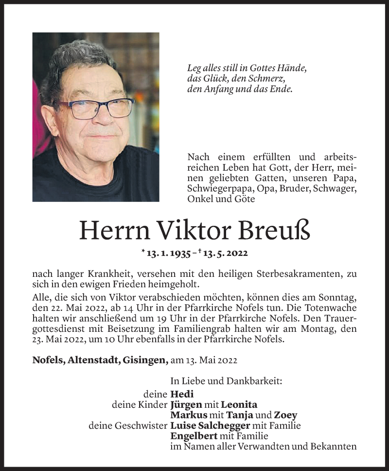  Todesanzeige für Viktor Breuß vom 19.05.2022 aus Vorarlberger Nachrichten