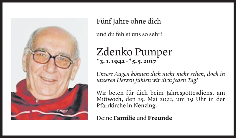  Todesanzeige für Zdenko Pumper vom 04.05.2022 aus Vorarlberger Nachrichten