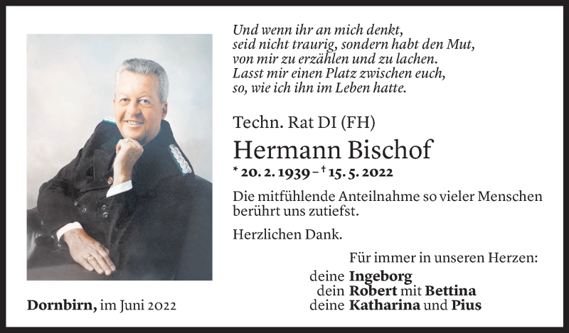  Todesanzeige für Hermann Bischof vom 02.06.2022 aus Vorarlberger Nachrichten