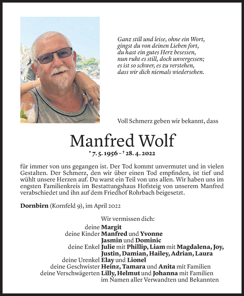  Todesanzeige für Manfred Wolf vom 06.05.2022 aus Vorarlberger Nachrichten
