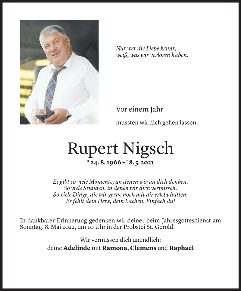  Todesanzeige für Rupert Nigsch vom 04.05.2022 aus Vorarlberger Nachrichten