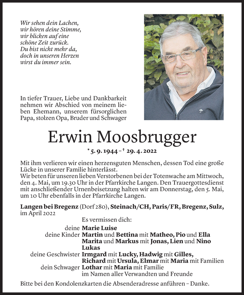  Todesanzeige für Erwin Moosbrugger vom 02.05.2022 aus Vorarlberger Nachrichten