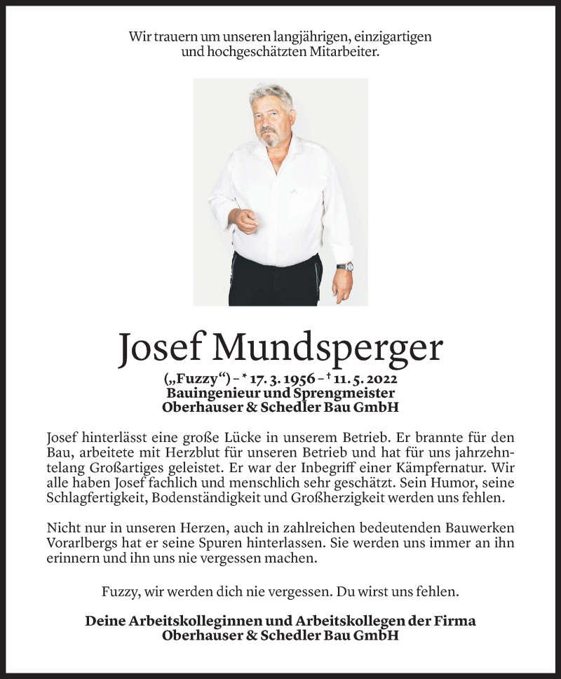  Todesanzeige für Josef Mundsperger vom 13.05.2022 aus Vorarlberger Nachrichten
