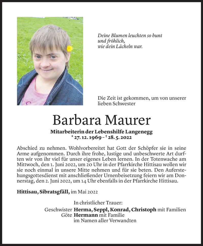  Todesanzeige für Barbara Maurer vom 30.05.2022 aus Vorarlberger Nachrichten