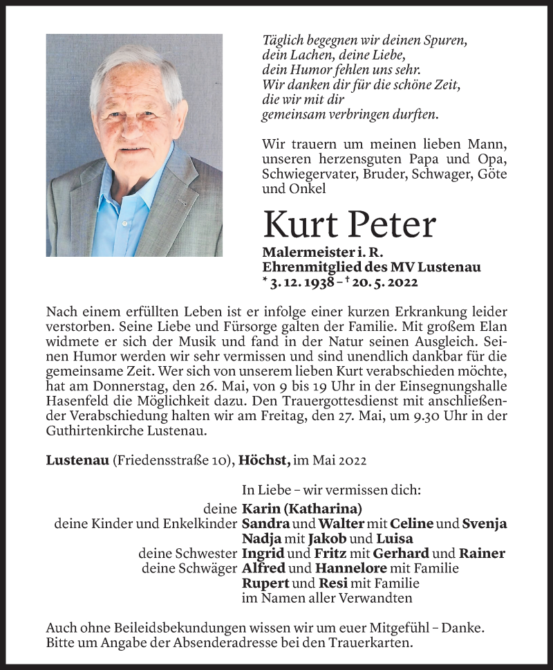  Todesanzeige für Kurt Peter vom 23.05.2022 aus Vorarlberger Nachrichten