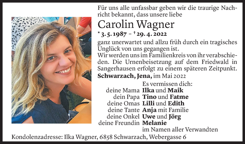  Todesanzeige für Carolin Wagner vom 04.05.2022 aus Vorarlberger Nachrichten