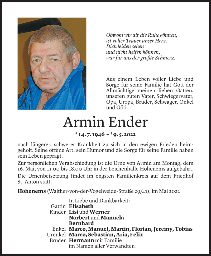  Todesanzeige für Armin Ender vom 14.05.2022 aus Vorarlberger Nachrichten
