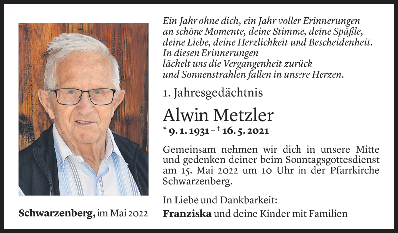  Todesanzeige für Alwin Metzler vom 12.05.2022 aus Vorarlberger Nachrichten