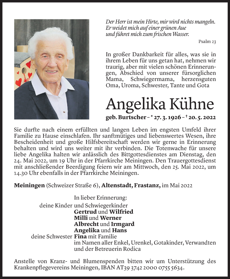  Todesanzeige für Angelika Kühne vom 22.05.2022 aus Vorarlberger Nachrichten