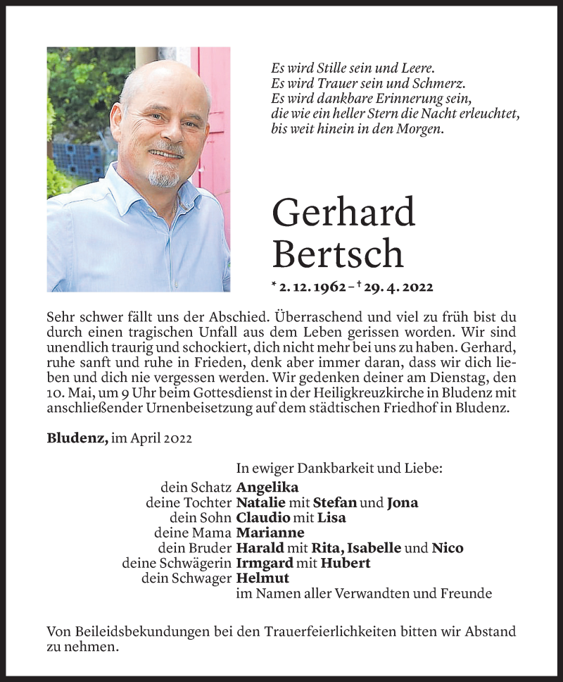  Todesanzeige für Gerhard Bertsch vom 07.05.2022 aus Vorarlberger Nachrichten