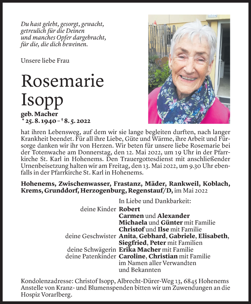  Todesanzeige für Rosemarie Isopp vom 10.05.2022 aus Vorarlberger Nachrichten