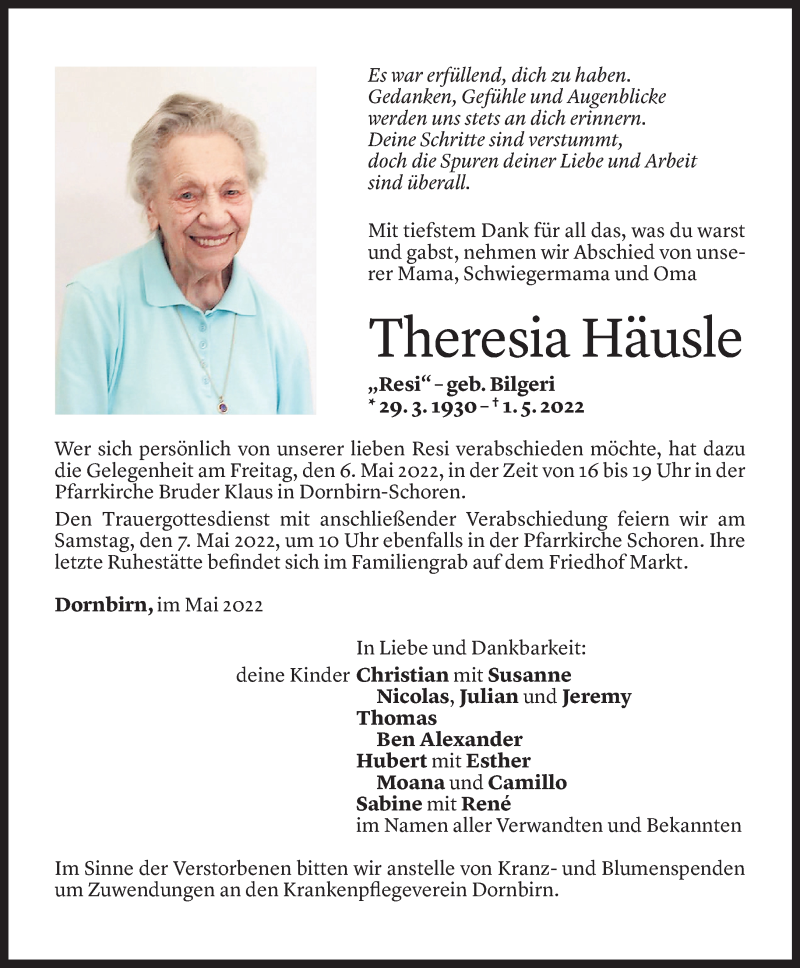  Todesanzeige für Theresia Häusle vom 04.05.2022 aus Vorarlberger Nachrichten
