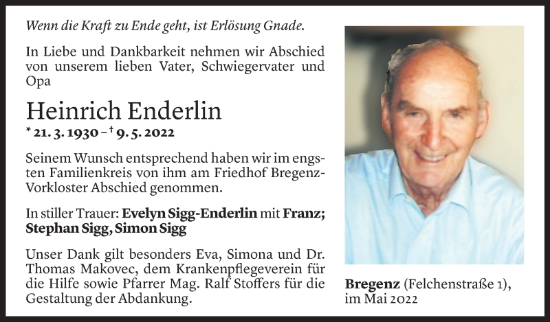  Todesanzeige für Heinrich Enderlin vom 21.05.2022 aus Vorarlberger Nachrichten