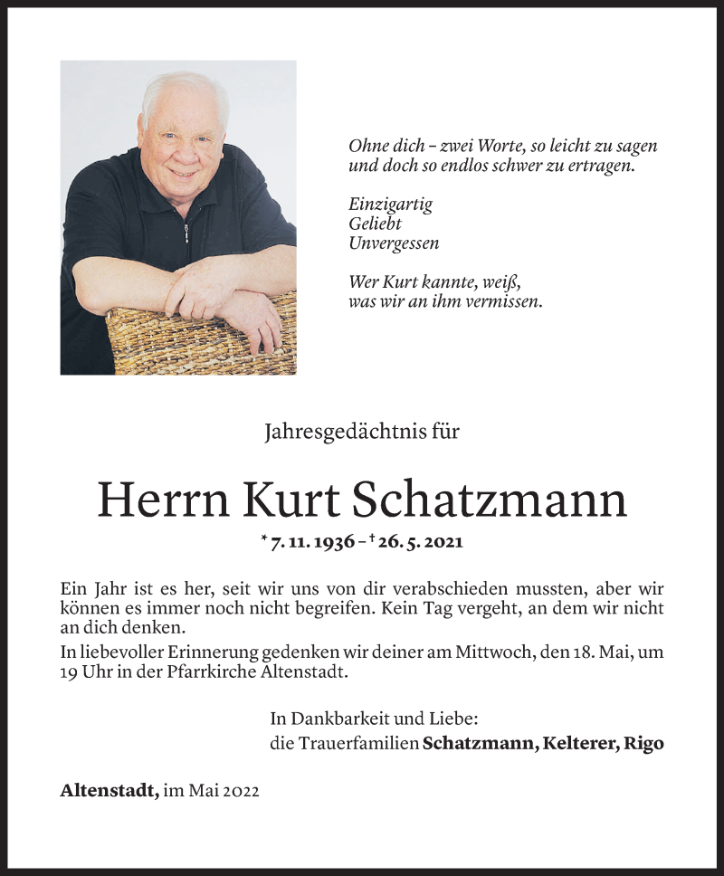  Todesanzeige für Kurt Schatzmann vom 13.05.2022 aus Vorarlberger Nachrichten