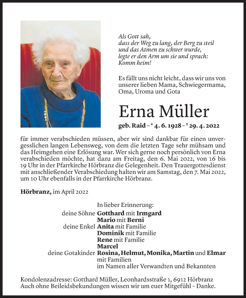  Todesanzeige für Erna Müller vom 03.05.2022 aus Vorarlberger Nachrichten
