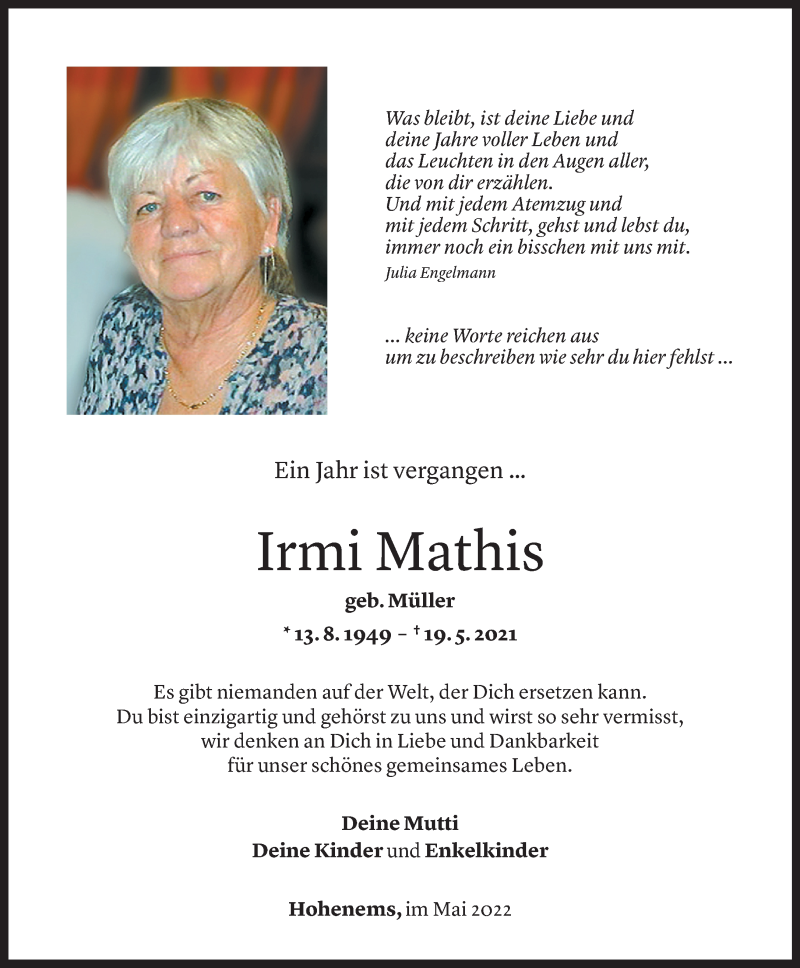  Todesanzeige für Irmi Mathis vom 19.05.2022 aus Vorarlberger Nachrichten