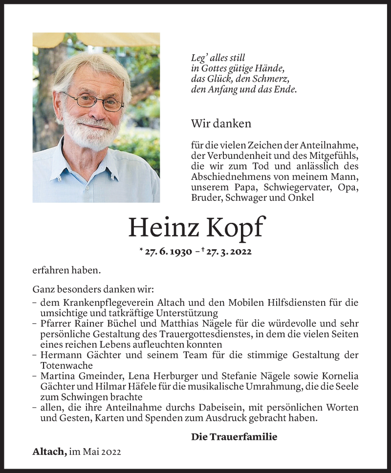  Todesanzeige für Heinz Kopf vom 25.05.2022 aus Vorarlberger Nachrichten