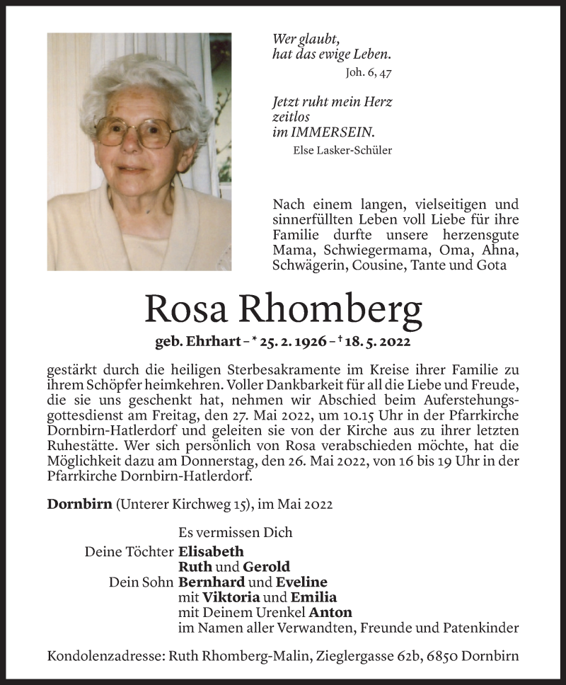  Todesanzeige für Rosa Rhomberg vom 20.05.2022 aus Vorarlberger Nachrichten