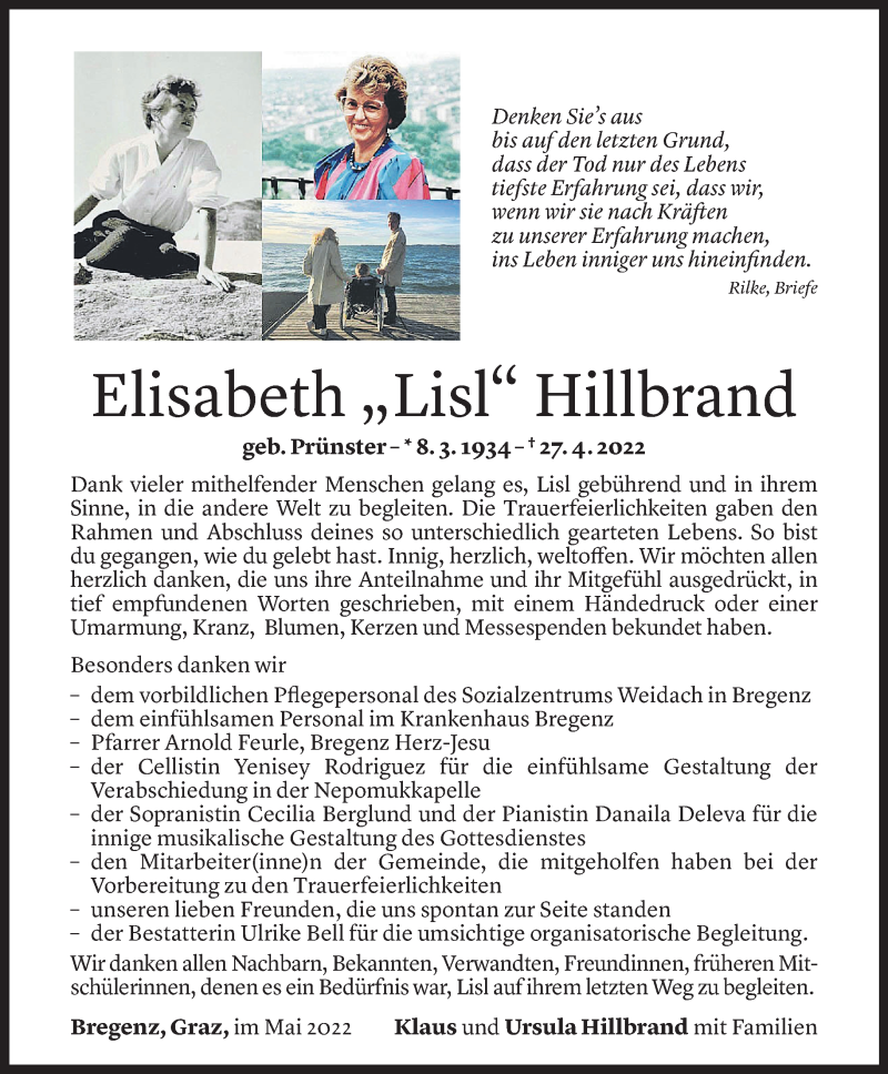  Todesanzeige für Elisabeth Hillbrand vom 20.05.2022 aus Vorarlberger Nachrichten