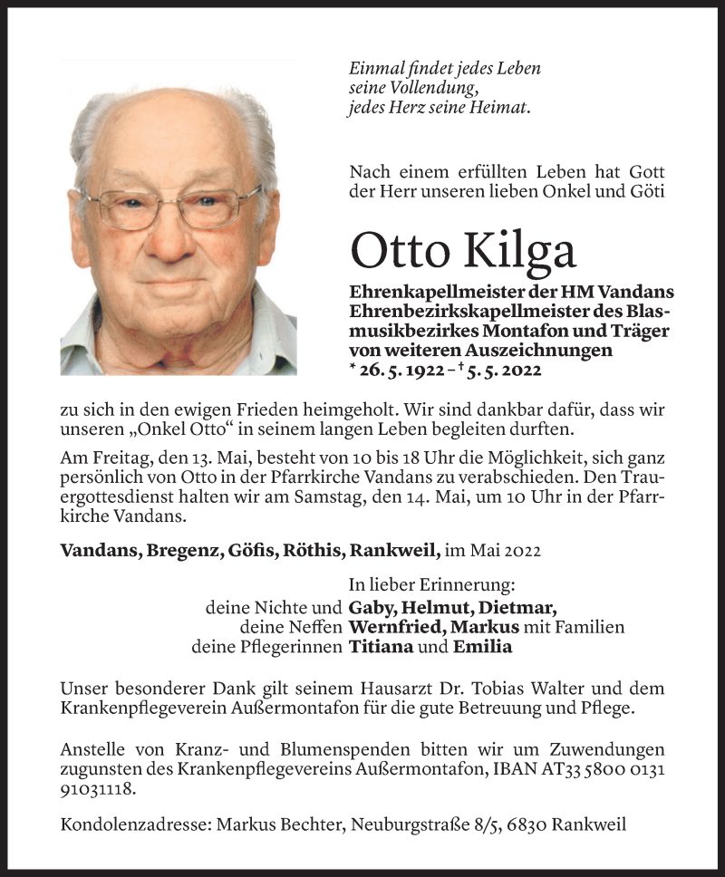  Todesanzeige für Otto Kilga vom 10.05.2022 aus Vorarlberger Nachrichten