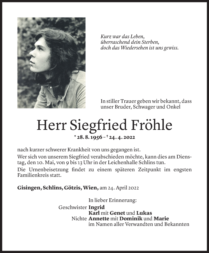  Todesanzeige für Siegfried Fröhle vom 06.05.2022 aus Vorarlberger Nachrichten