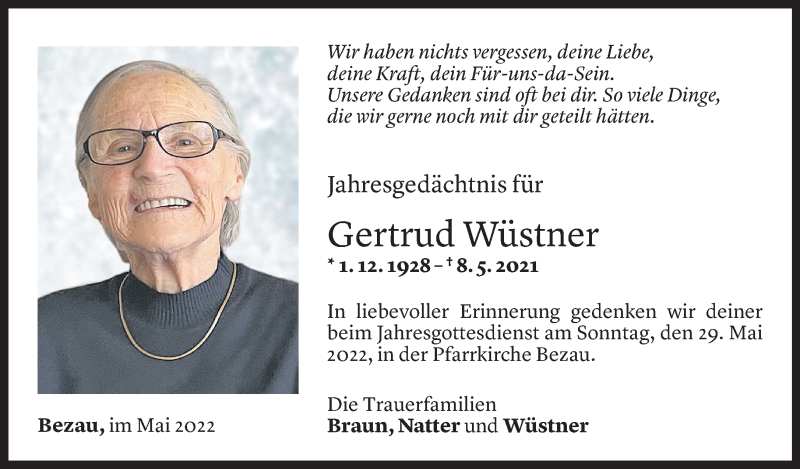  Todesanzeige für Gertrud Wüstner vom 24.05.2022 aus Vorarlberger Nachrichten